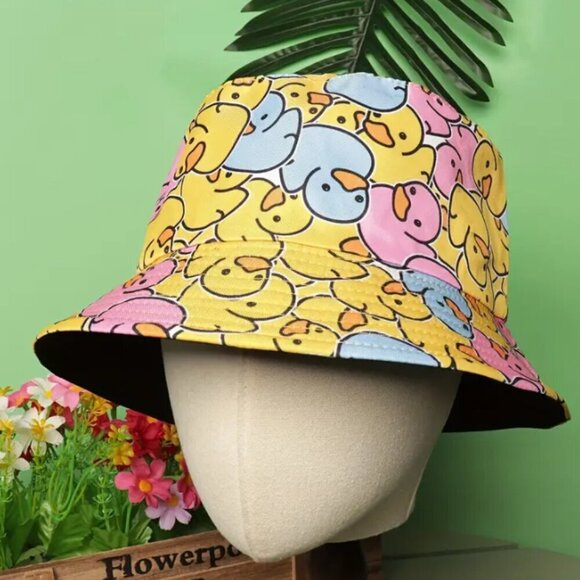 Hat Rubber Ducky Bucket Hat Pink Blue Yellow Reversable NWT - Picture 1 of 2